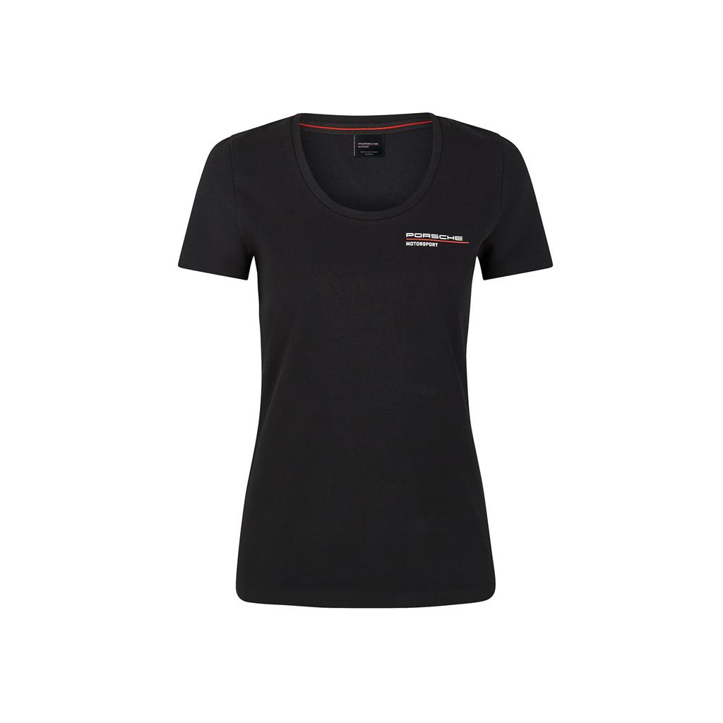 304491019100215_PORSCHE FW WOMENS TEE BLACK_tjejmodell_top_westcoast_motorsport_front