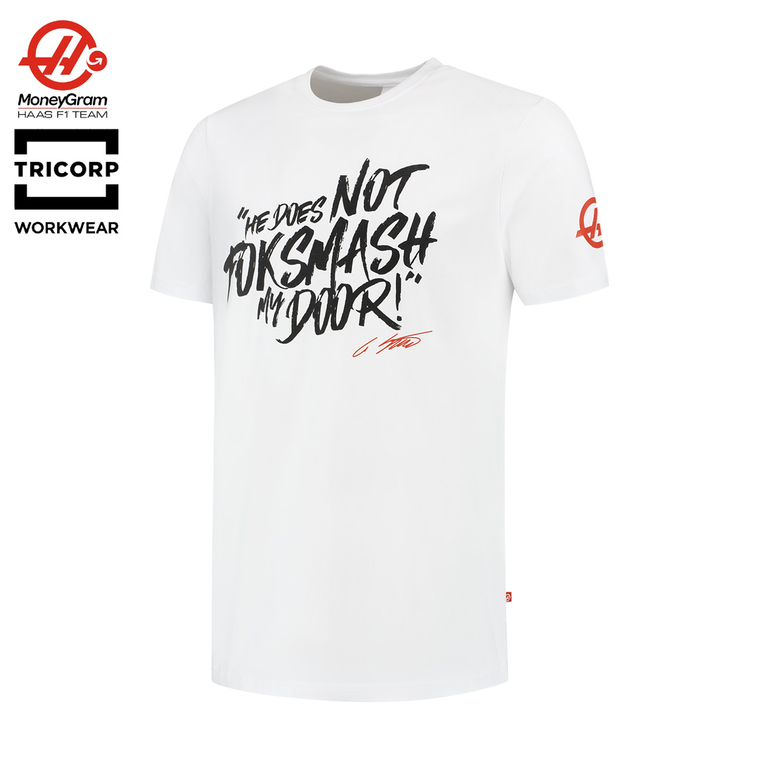 901148_moneygram_haas_f1_team_gunther_steiner_guenther_tshirt_tee_fok_smash_my_door_quote_formel1_formula1_f1sweden_f1sverige_westcoast_motorsport_white_vit_front_side