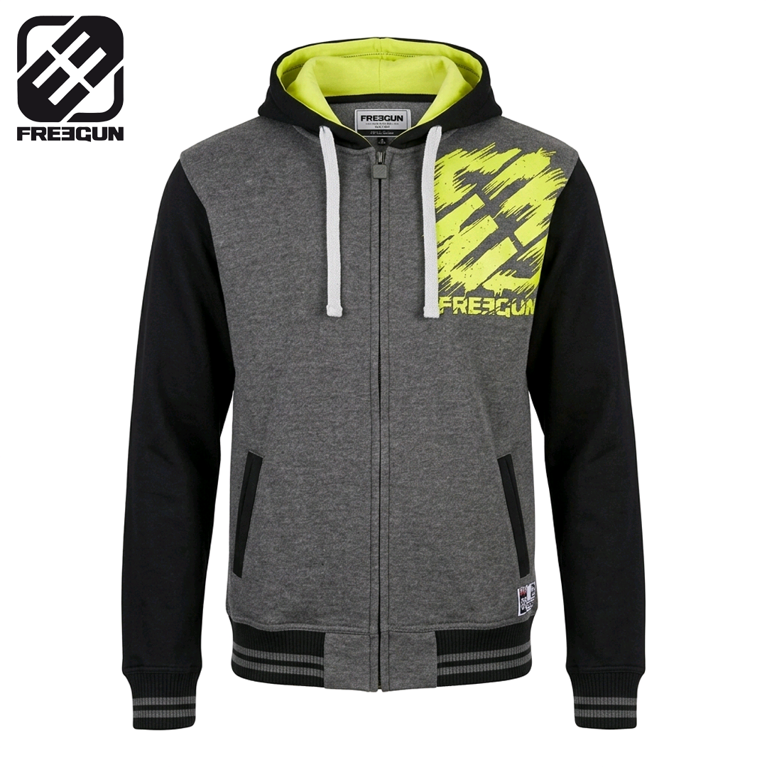 FGAH161SWZDI09_freegun_college_zip_hoodie_scratch_logo_grey_yellow_black_motorcross_skateboard_lifestyle_snowboard_hooded_sweatshirt_westcoast_motorsport_front