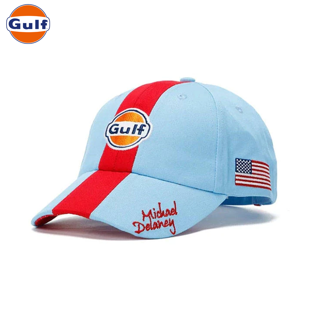 GPO104_gulf_oil_motorsport_m_delaney_basecap_iceblue_light_blue_cap_keps_usa_america_motorsport_racing_westcoast_motorsport_front_side