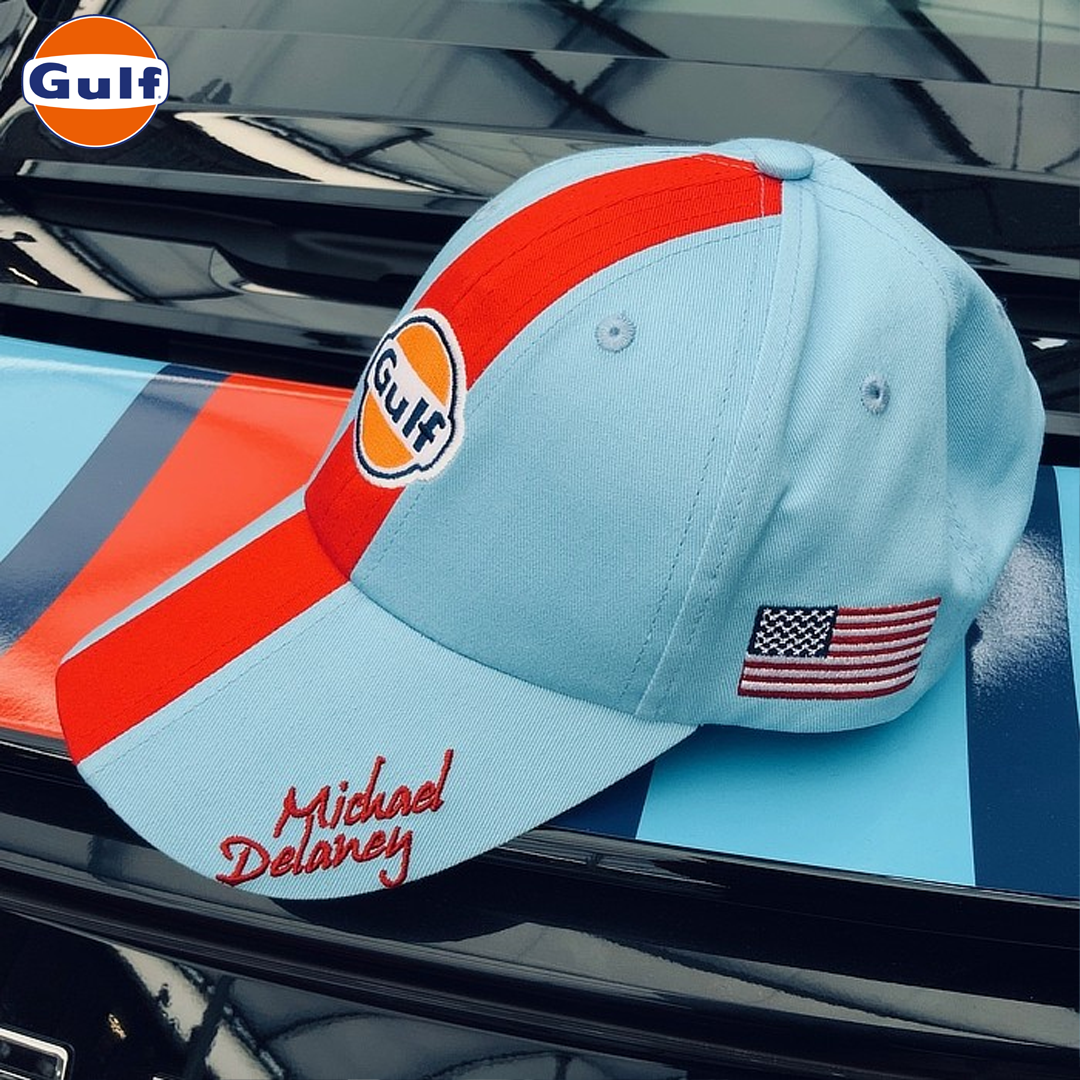 GPO104_gulf_oil_motorsport_m_delaney_basecap_iceblue_light_blue_cap_keps_usa_america_motorsport_racing_westcoast_motorsport_left_car