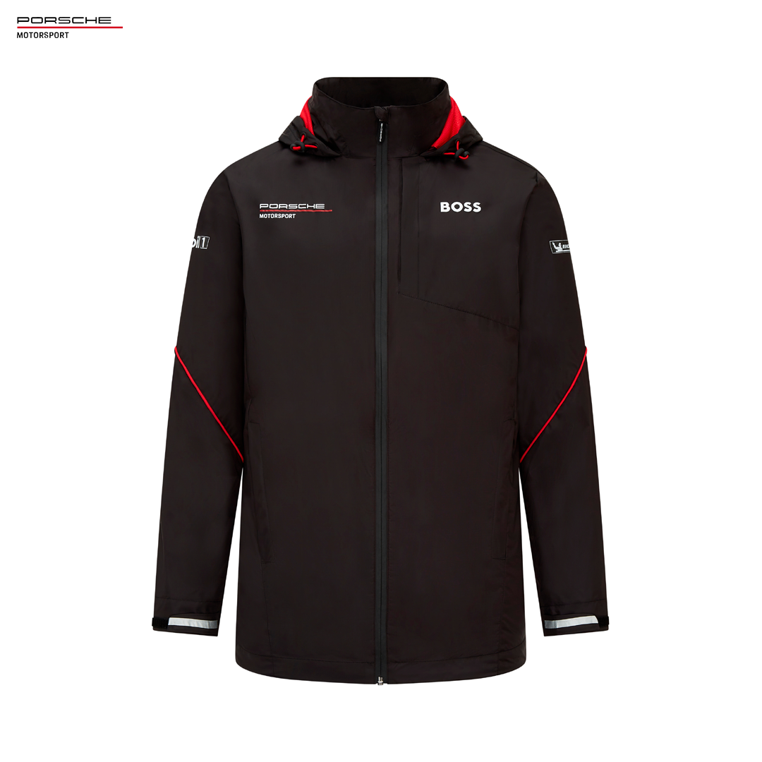 701224880001_porsche_motorsport_replica_unisex_rain_jacket_regnjacka_hugo_boss_black_svart_racing_carrera_cup_sprint_challenge_scandinavia_Puma_stichd_westcoast_motorsport_front_hoodie