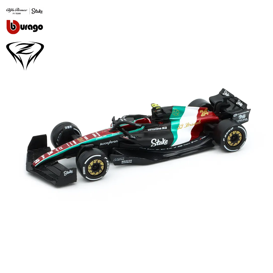 18-38086_VA-38086G_alfa_romeo_f1_team_stake_sauber_italian_grand_prix_2023_gp_model_car_miniature_zhou_guanyu_bburago_modellbil_leksaksbil_formel1_formula1_westcoast_motorsport_front_left