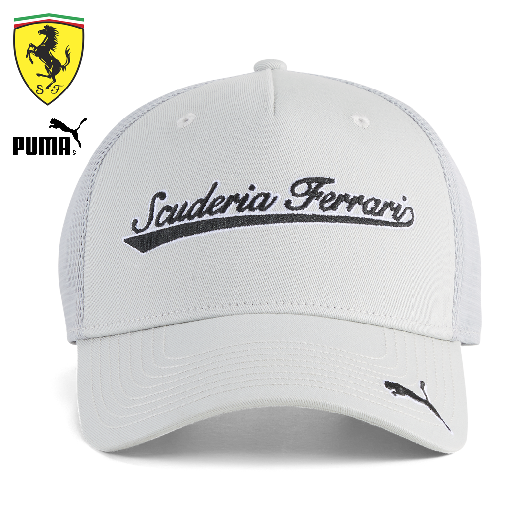 701239046001801_scuderia_Ferrari_f1_team_trucker_cap_truckerkeps_2026_puma_stichd_official_merch_formula1_f1sweden_westcoast_motorsport_classic_flat_light_grey_front