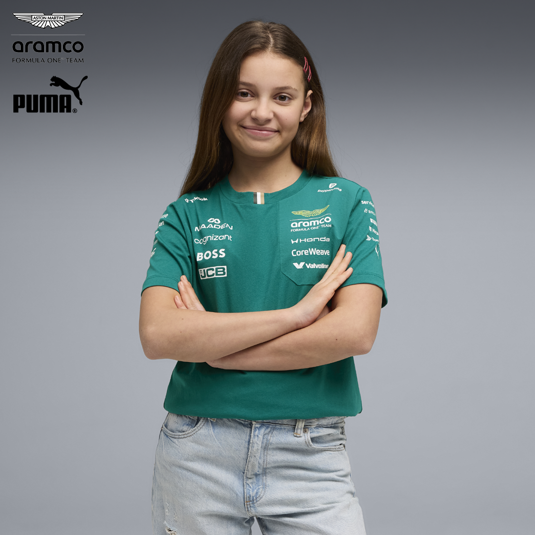 701239822001_aston_martin_f1_team_official_merch_puma_fuelforfans_f1store_formula1_formel1_f1sweden_westcoast_motorsport_team_tee_t-shirt_girl_boy_kids_front