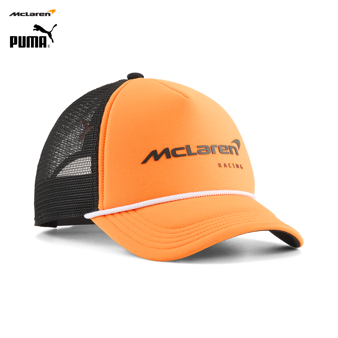 701241141_mclaren_racing_f1_team_trucker_cap_truckerkeps_official_merch_puma_f1store_fuelforfans_formel1_formula1_westcoast_motorsport_black_papaya_front